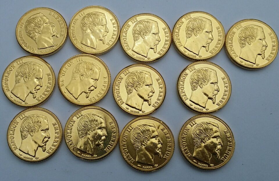 

FRANCE A set of (1853-1860A-B)13PCS Made Of Brass-Plated Gold NAPOLEON 20 FRANCS BEAUTIFUL COIN COPY Coin