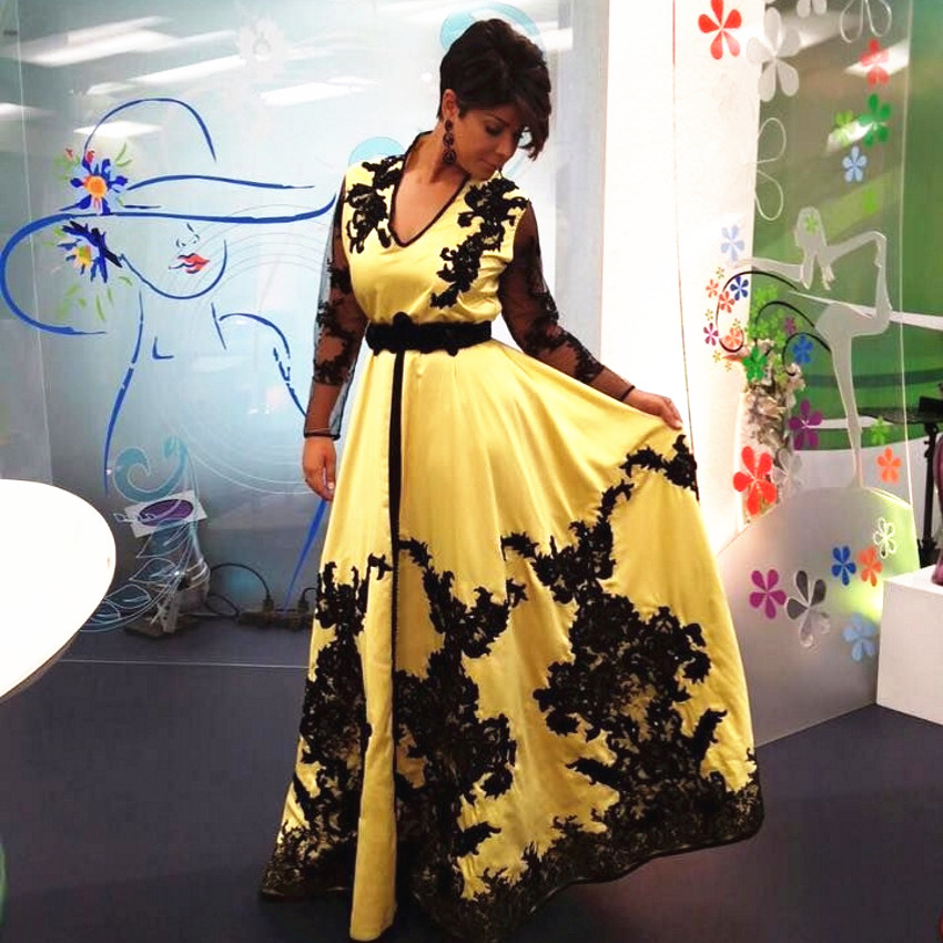 Yellow and Black Muslim Evening Dresses Long Sleeve V Neck Modest Design Appliques Lace Fashion Party Gowns Custom Size