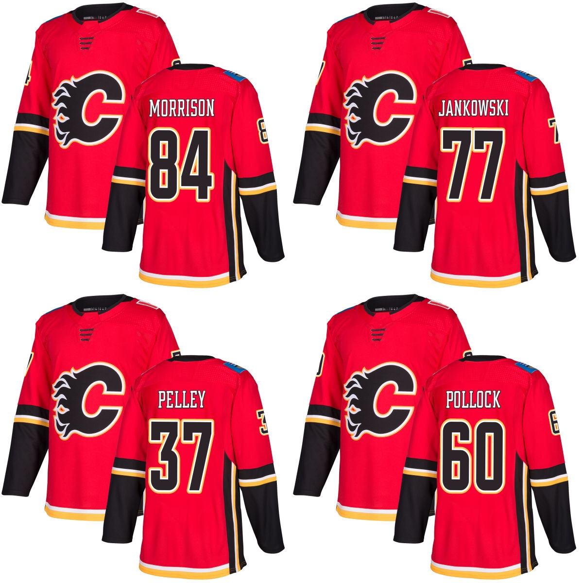 2017 Nouvelle Marque Hommes Calgary Flammes 37 Rod Pelley 60 Brett Pollock 77 Mark Jankowski 84 Brad Morrison Chandails De Hockey Sur Glace Rouge