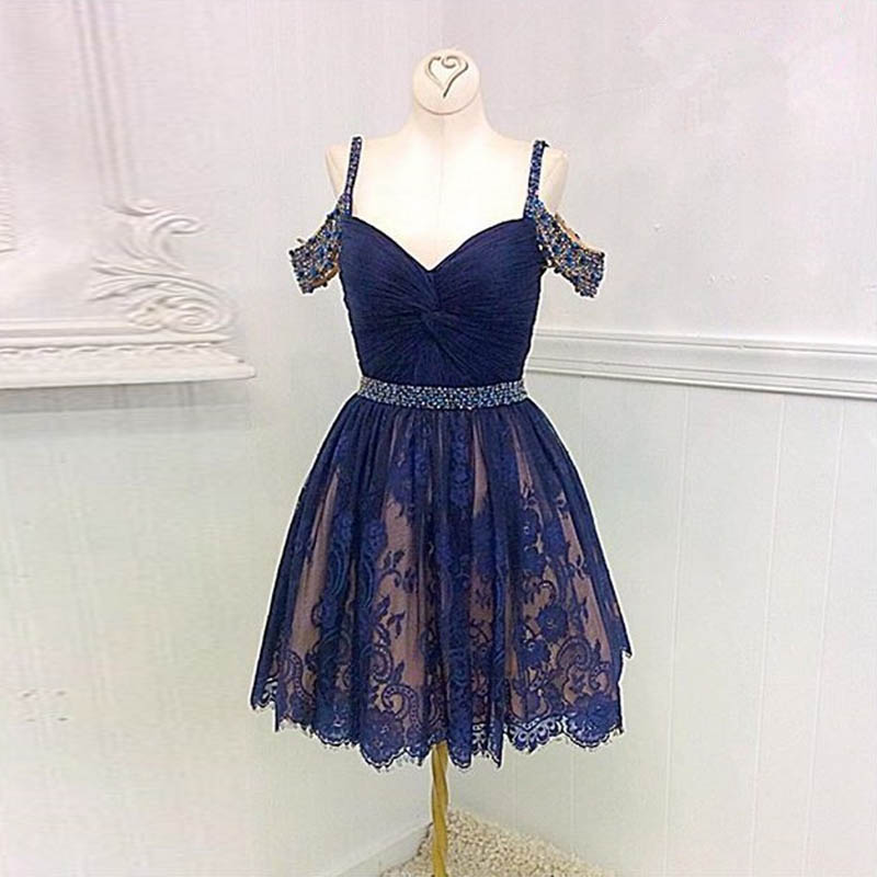 

Cute Lace Short Homecoming Dresses Off Shoulder Spaghetti Straps Pleated Chiffon Backless Short Prom Dresses Pink Black Royal Blue, Burgundy