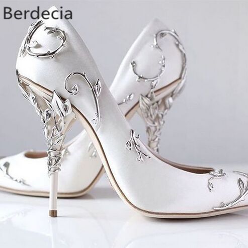 

Ornamental Filigree Leaves Spiralling Naturally Up Heel White Women Wedding Shoes Chic Satin Stiletto Heels Eden Pumps Bridal, Blue