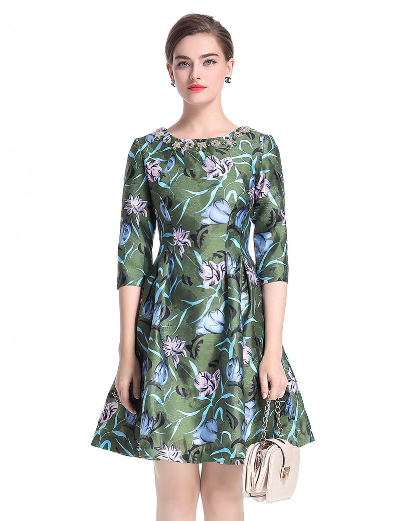

Floral Flower Print Beading Women A-Line Dress Half Sleeve Dresses 0917158, Green