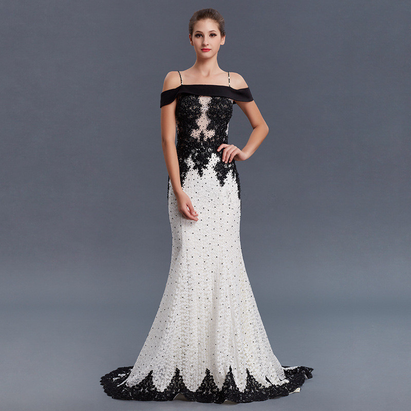 

New Arrive Elegant Bateau Thin Straps Black Lace Applique Long Evening Dress Black Beaded Floor Length Mermaid Prom Formal Party Dress, Sage
