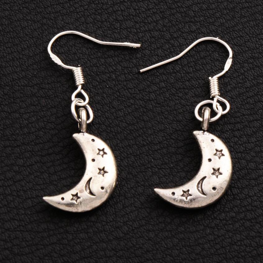 

Star Moon Earrings 925 Silver Fish Ear Hook 50pairs/lot Antique Silver Chandelier E149 35.5x11mm