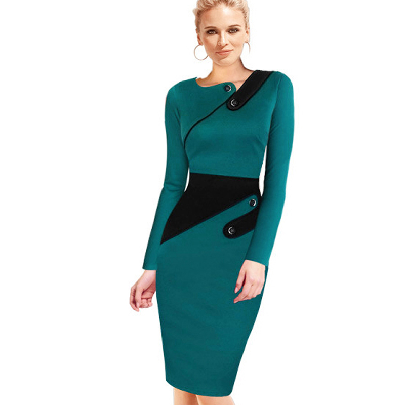 Vente en gros - Robe noire Tunique Femmes Travail Formel Bureau Gaine Patchwork Ligne Asymétrique Cou Longueur Au Genou Plus La Taille Robe Crayo