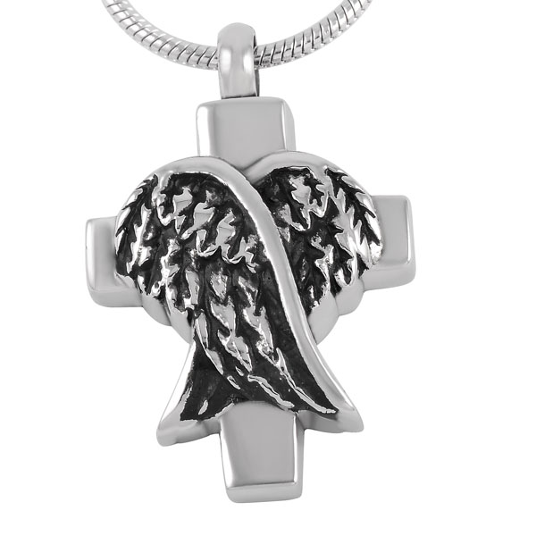 

IJD8177 Wings Cross 316L Stainless Steel Cremation Pendant Necklace Antique Casket Memory Ashes Keepsake Urn Necklace