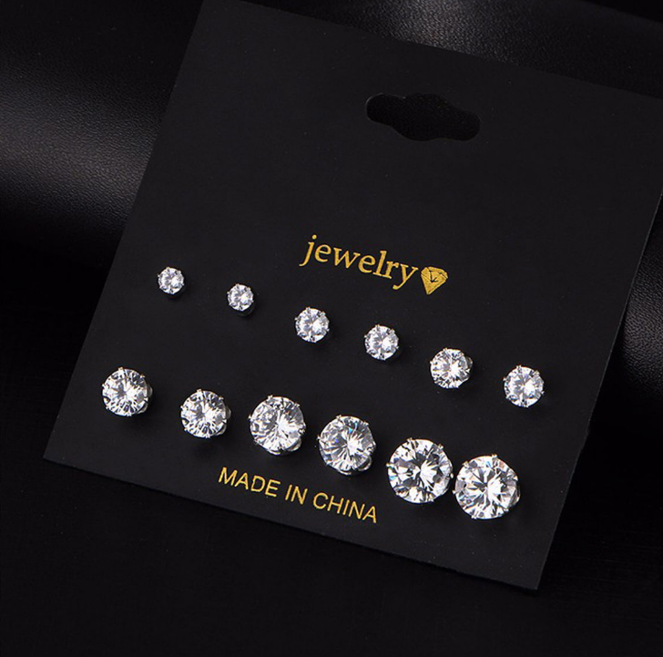 

6 Pair Fashion Women Jewelry Silver CZ Crystal Rhinestone Ear Stud Earrings