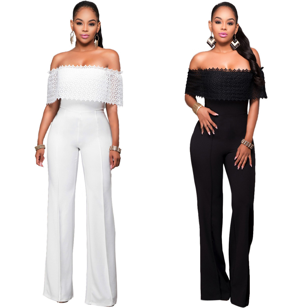 Wholesale- Women lace Bodysuit Sexy Rompers Vintage Jumpsuit women ruffles jumpsuit off shoulder slash bodysuit women cape jumpsuit-image-398314555
