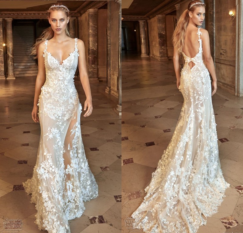 

2017 Gorgeous Mermaid Wedding Dresses Sexy Sheer See-through Backless Bridal Gowns Full Floral Lace Wedding Dress Vestidos De Noiva, Champagne