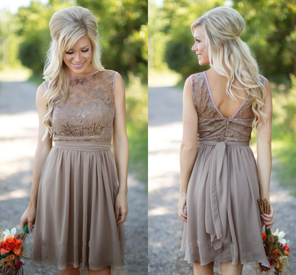 

2018 Cheap Country Bridesmaid Dresses For Weddings Illusion Neck Chiffon Lace Champagne Party Knee Length Short With Sashes Maid Honor Gowns