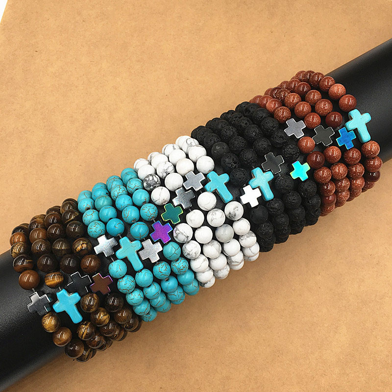 

New Natural Stone Prayer Beaded Charms Bracelets Anti-fatigue Cross Volcanic Rock Men's Women's Diffuser Jewelry free shipping