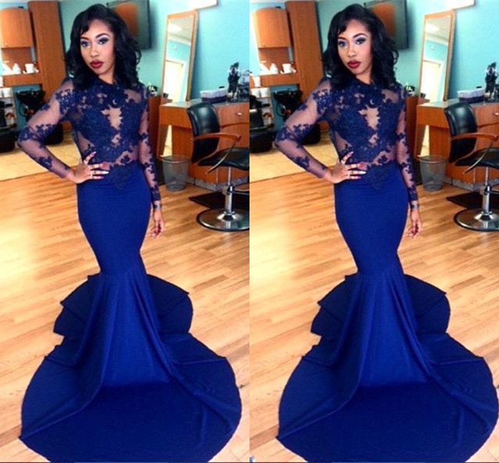 

Elegant Royal Blue African Prom Dresses Long Sleeve O-neck Applique Sweep Train Stretch Satin Zipper Back Evening Plus Size, Chocolate