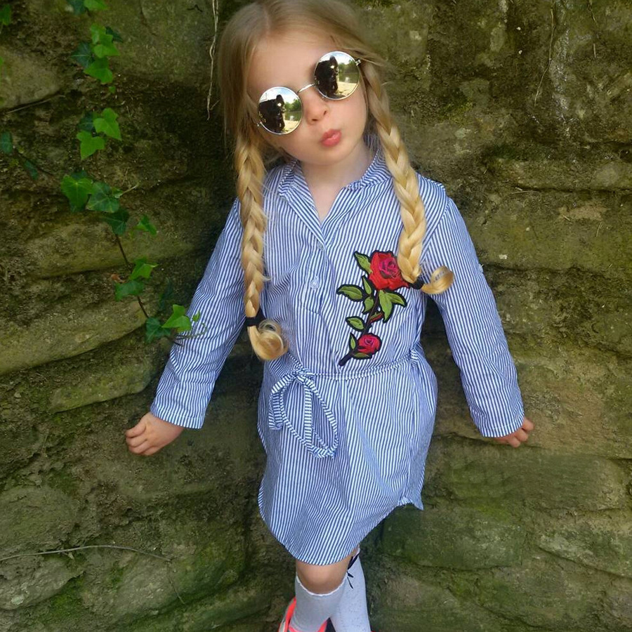 

2017 New Children Dresses Baby Girls Fashion Rose Flower Striped Blouse Dress Girl Long Sleeve Dress Free Shipping, As photo