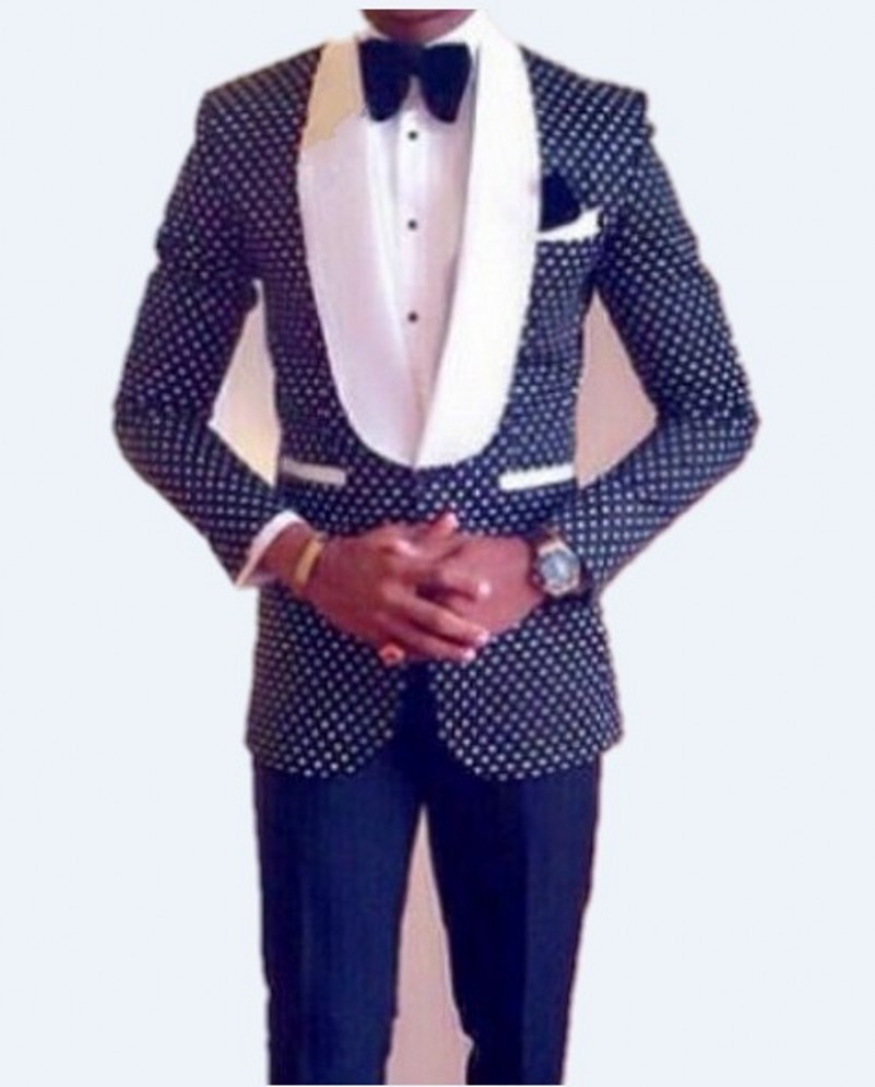 Wholesale- High Quality Navy Dot Mens Dinner Party Prom Suits Groom Tuxedos Groomsmen Wedding Blazer Suits (Jacket+Pants+Girdle+Tie) K:13