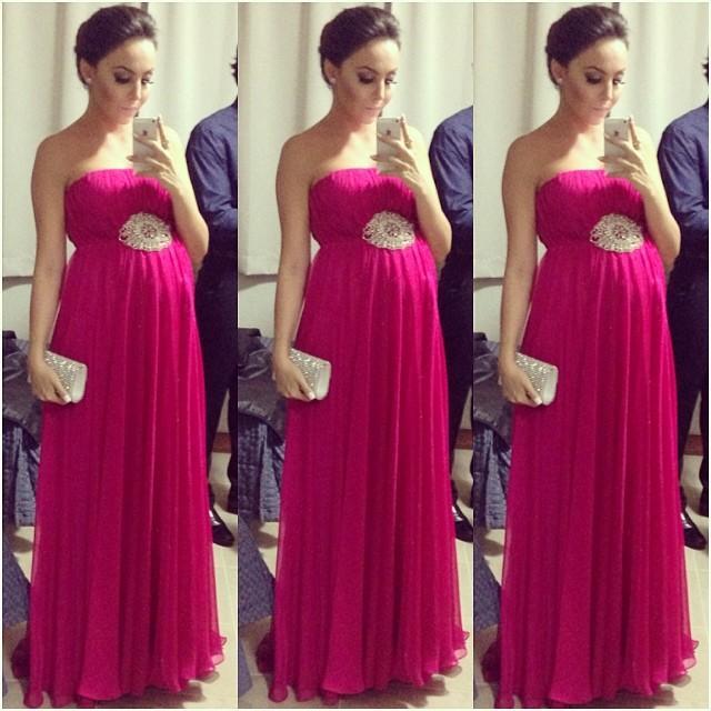 Vente chaude Fuchsia Empire Enceinte Robes De Bal Sans Manches Plissée Maternité Femmes Soirée Robe De Soirée Robe Rouge Tapis Célébrité