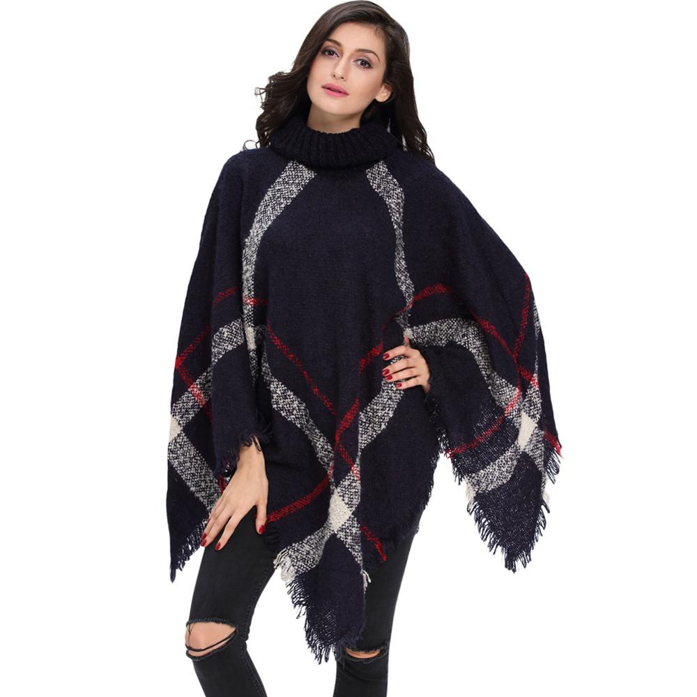 

Wholesale- [Visual Axles] 2016 Plus Size Winter Warm Women's Wool Turtleneck Sleeveless Pullovers Plaid Knit Sweater Poncho, Beige