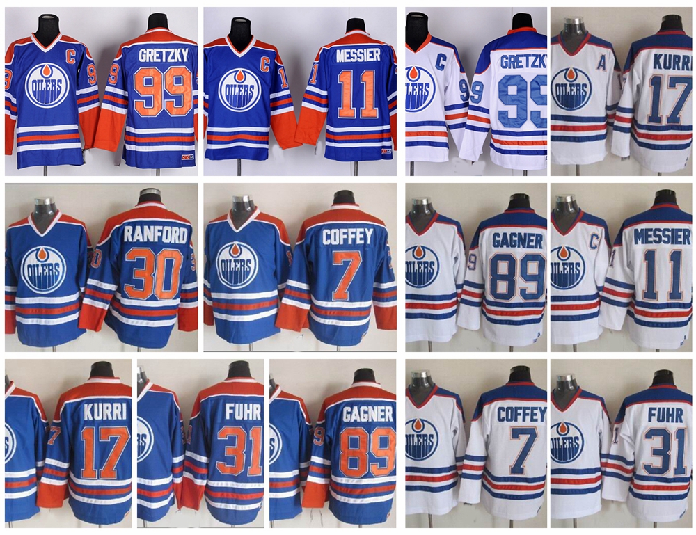 

Old Time Edmonton Oilers Hockey Jerseys Sam Gagner 7 Paul Coffey 17 Jari Kurri 31 Grant Fuhr 11 Mark Messier 30 Bill Ranford Vintage Jersey, 11 blue