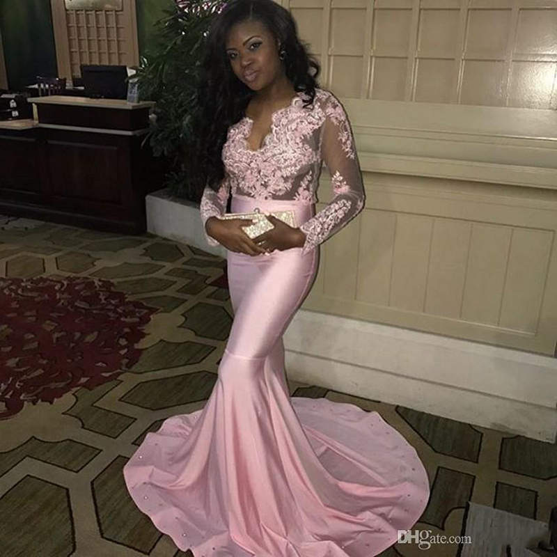 

Pink Mermaid Girl Long Mermaid Prom Dresses Long Sleeves Sexy V Neck Sheer Bodice African Prom Party Gowns Jersey Custom Made New, Red