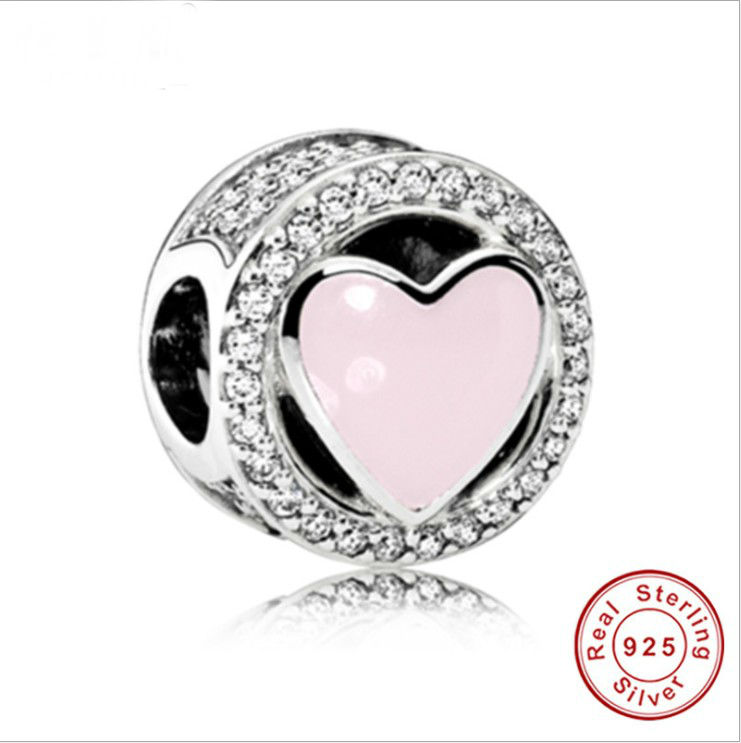 2017 Real Promotion Authentic 925 Sterling silver Charm Beads Fit Original Pandora bracelet diy Pink heart white CZ bracelet Jewelry