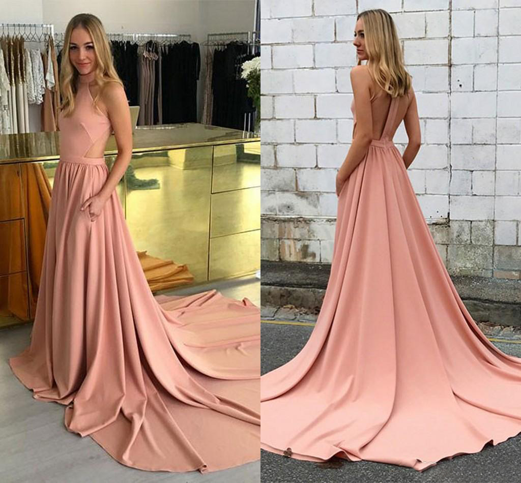 

High Neck A-Line Jersey Prom Dresses Long Simple Court Train Formal Dresses Open Back with Straps Pockets Evening Gowns, Champagne