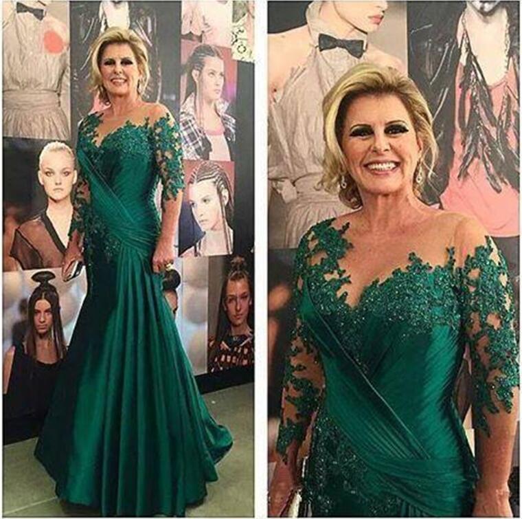 Dark Green Mermaid Mother of the Bride Dresses Illusion Long Sleeve Appliques Satin Ruched Plus Size Evening Dresses Mother Brides Dresses