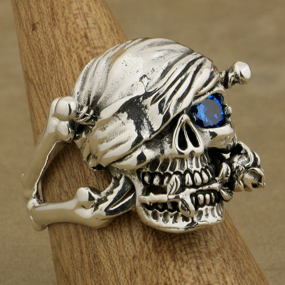 

LINSION 925 Sterling Silver Pirate Skull Ring Rose Blue CZ Stone Mens Biker Rock Punk Style 9W101 US Size 7 to 15