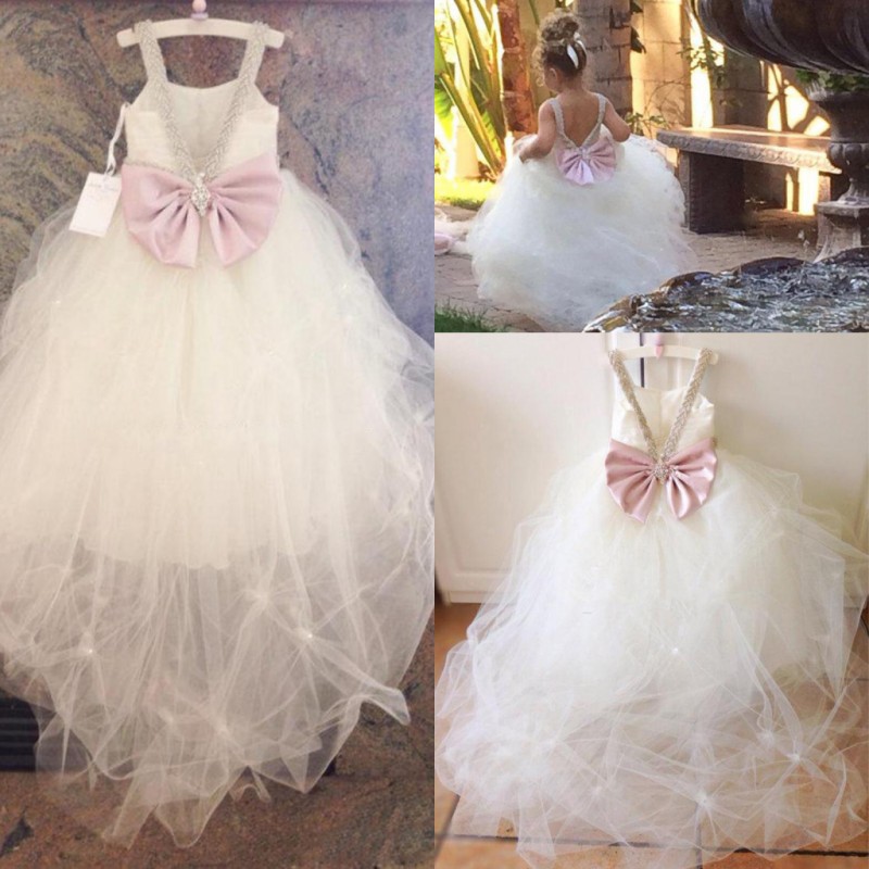

2017 Flower Girls Dresses For Weddings Beaded Spaghetti Pleated Tulle Cute Pink Bow First Communion Dresses Girls Pageant Gowns Cheap, Black