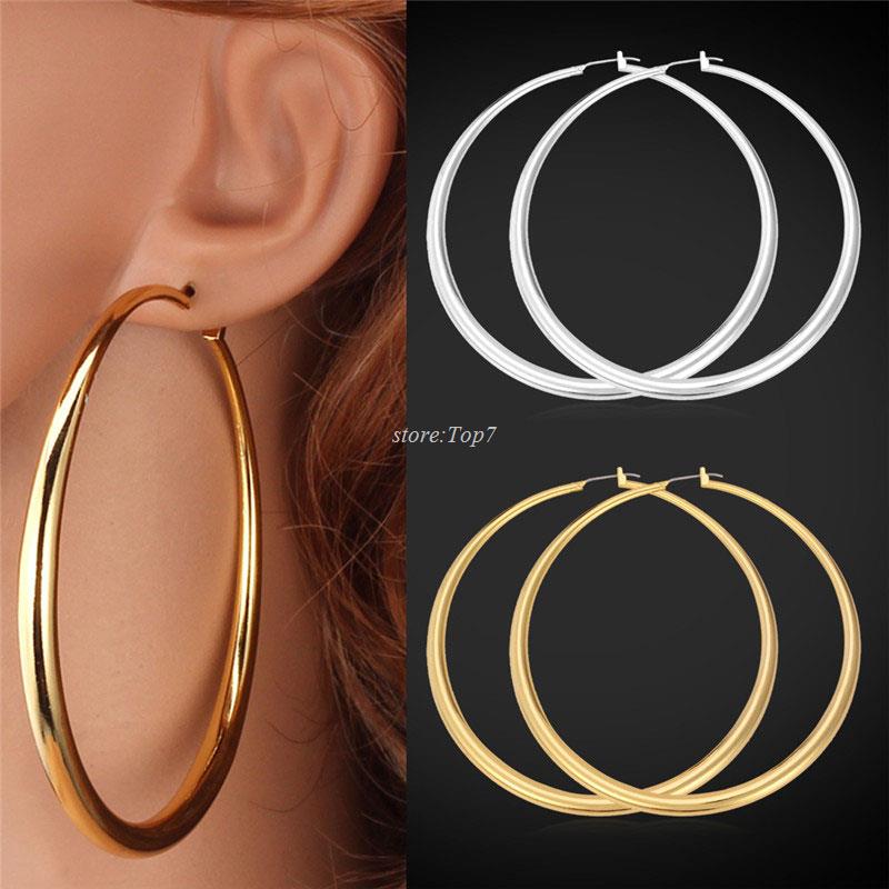 Fashion Women Gold Plated Crystal Circle Smooth Large Ring Hoop Earrings Chic