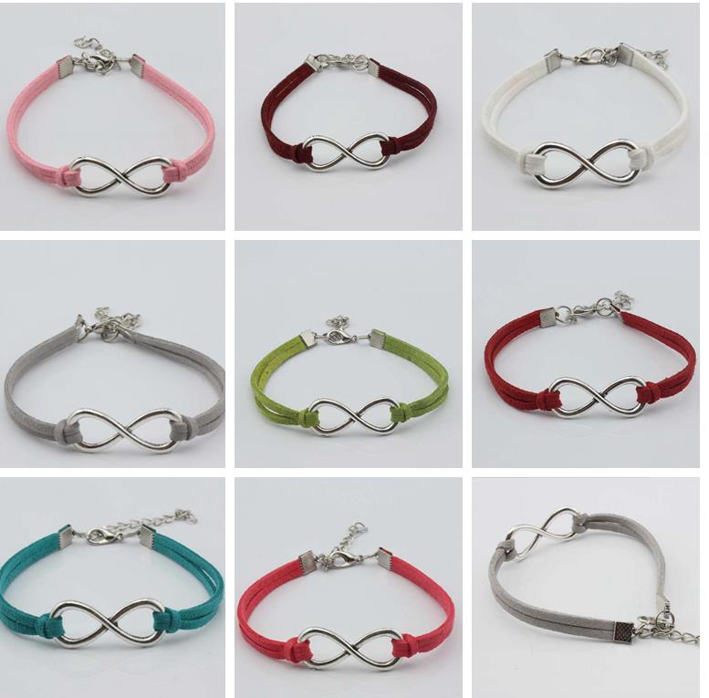 17 colors eight 8 Infinity bracelet Eight cross bracelet bangle jewelry silver plated genuine leather bracelet Rope jewelry for women men