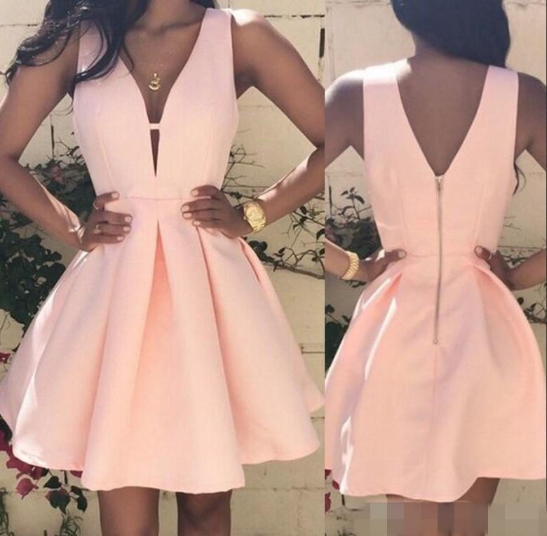 

Lovely Pearl Pink Short Homecoming Dresses 2019 Cheap A Line V Neck Mini Cocktail Gowns Party Wears Club Dress, Orange