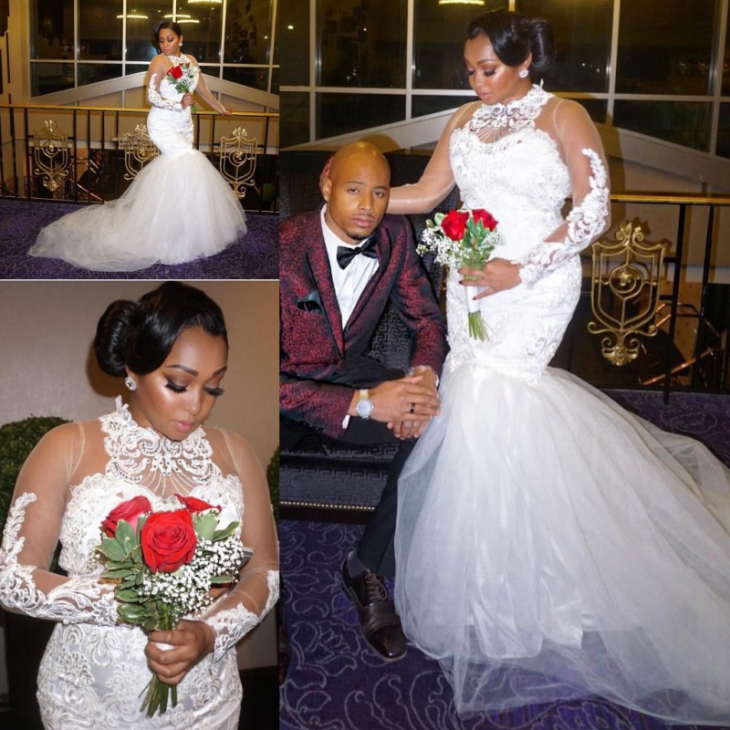 

African High Neck Wedding Dresses 2018 Lace Appliques Beads Sheer Long Sleeves Bridal Gowns Tulle Mermaid Plus Size Wedding Vestidos, Champagne