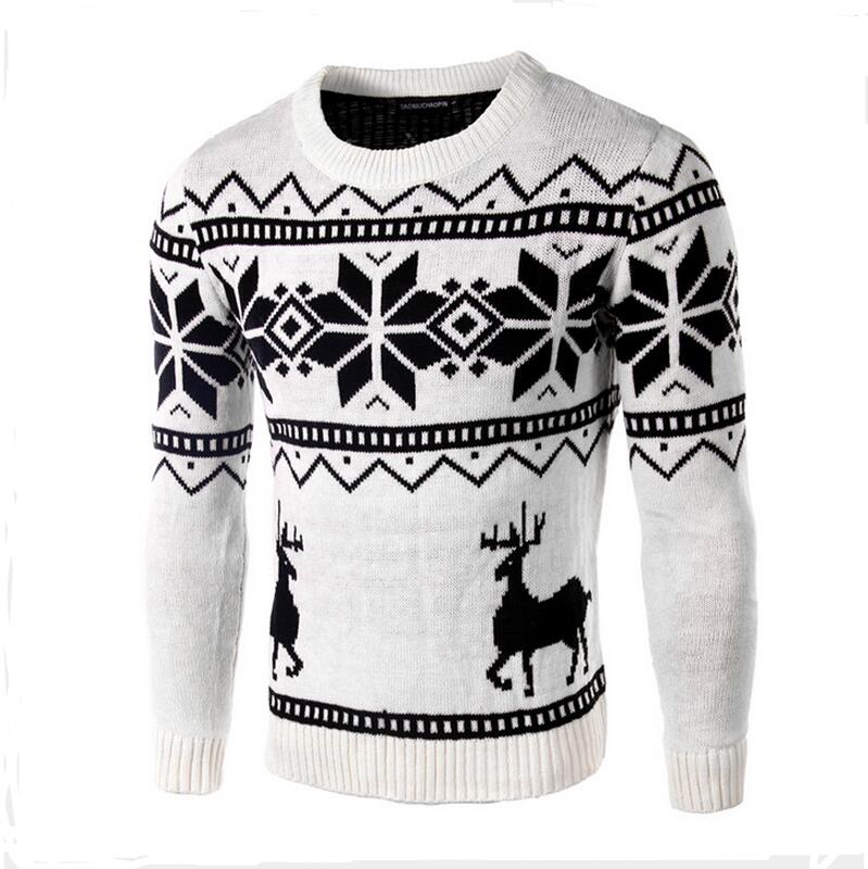 Wholesale- Mens Sweater With Deer Autumn New Style Neck Man Woolen Sweater Christmas Snowflake Deer Print Soft Pullover Fashion Men Sweater
