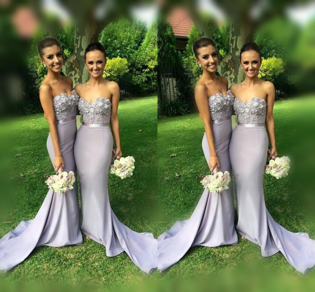 

Cheap Lavender 3D Appliqued Sexy Bridesmaid Dresses Sweetheart Neck Mermaid Party Gowns Sweep Train Long Evening Dress With Sash