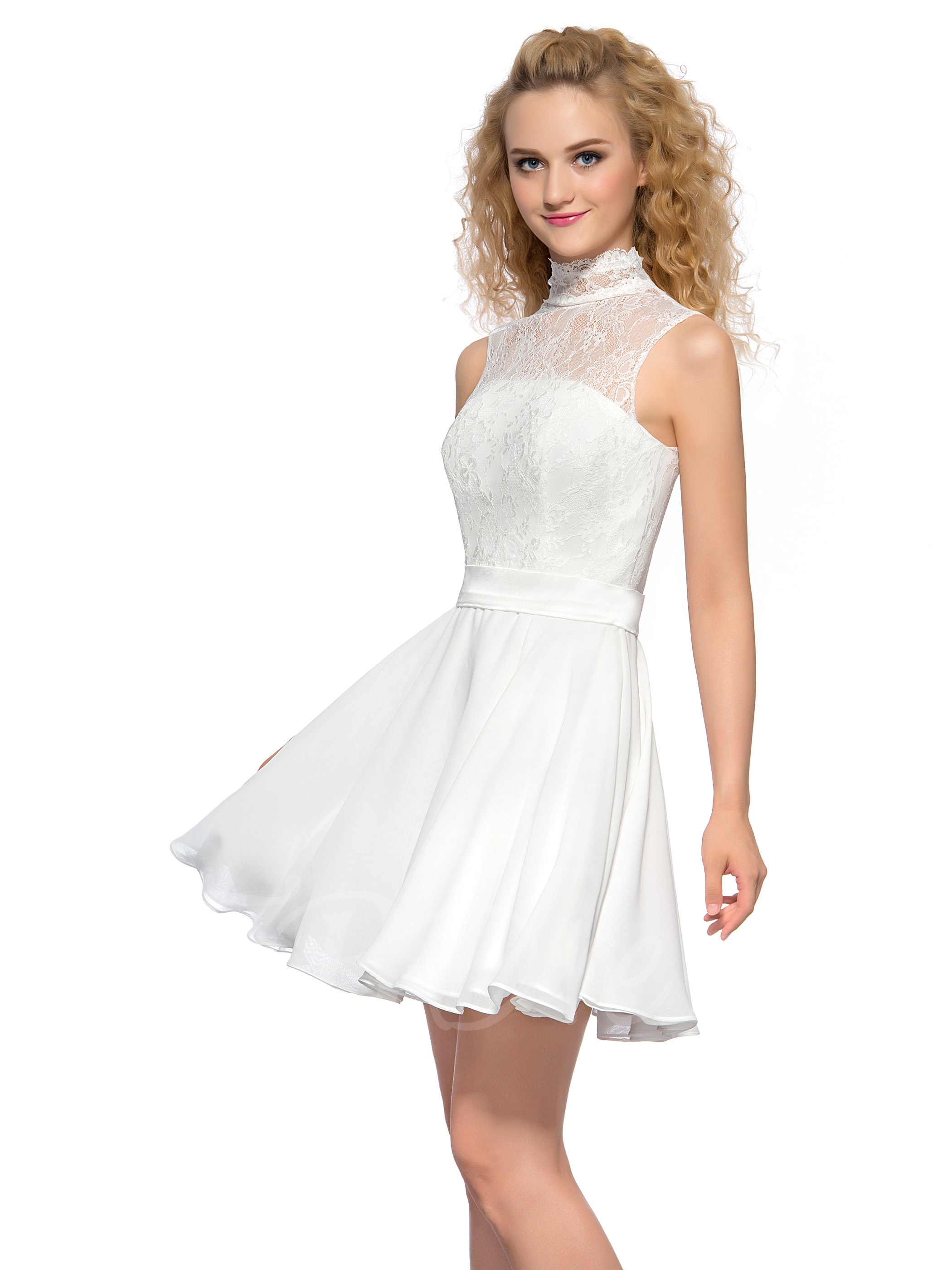 

high collar homecoming dress with A-line lace chiffon short back zipper hollow ventage sleeveless ruffle graduation party dress, Green