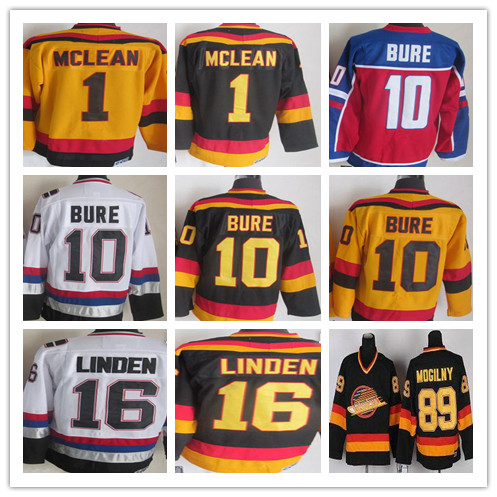 

Vintage 1 Kirk Mclean 10 Pavel Bure 16 Trevor Linden 89 Alexander Mogilny Black White CCM Retro Vancouver Heritage Canucks Hockey Jerseys, Yellow