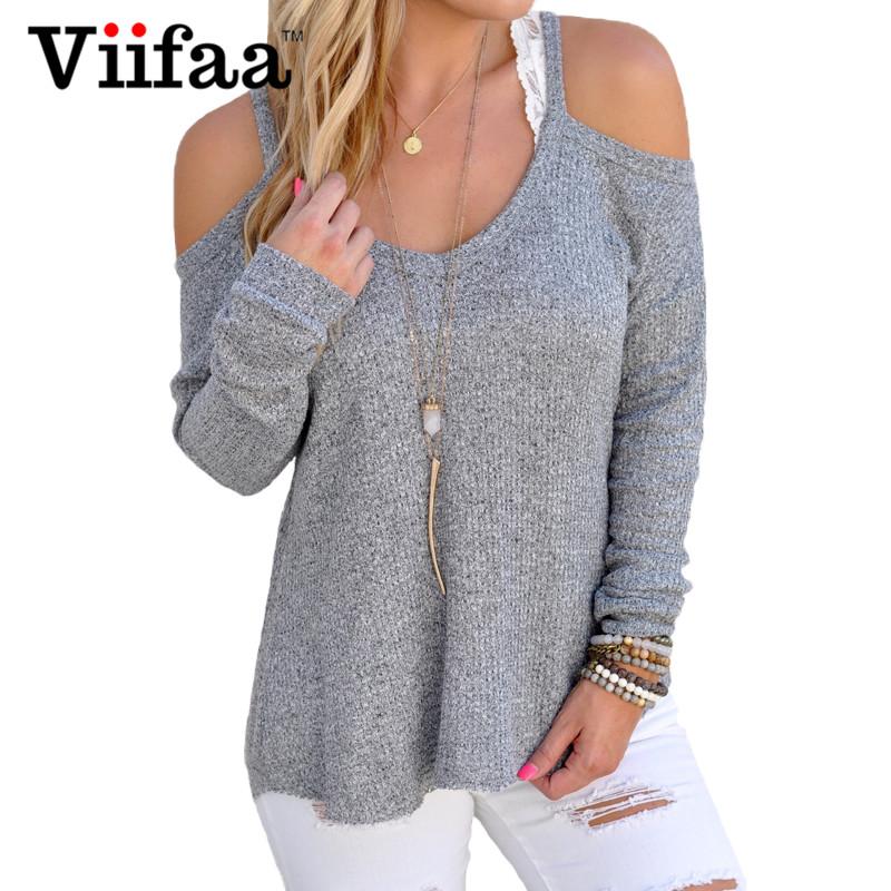 

Wholesale-Viifaa Cute Off Shoulder Sweaters Women Sexy Long Sleeve Autumn Pullover Knitted Plus Size Loose O Neck Pull Femme, Dark grey