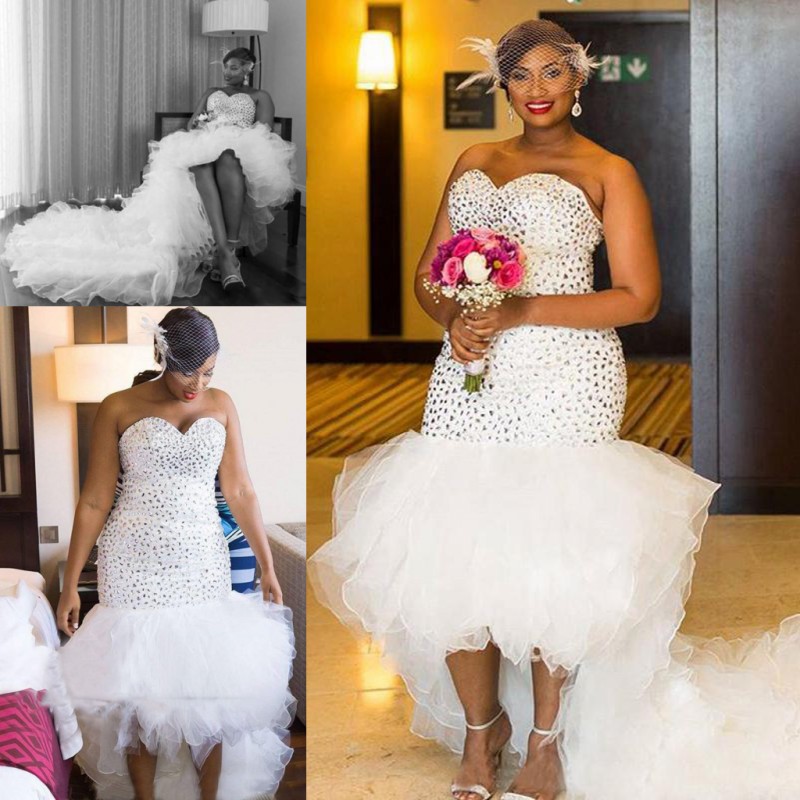 

Crystals Beaded High Low Wedding Dresses African Plus Size Sweetheart Bridal Gowns Tulle Ruched Sweep Train Wedding Vestidos, Red