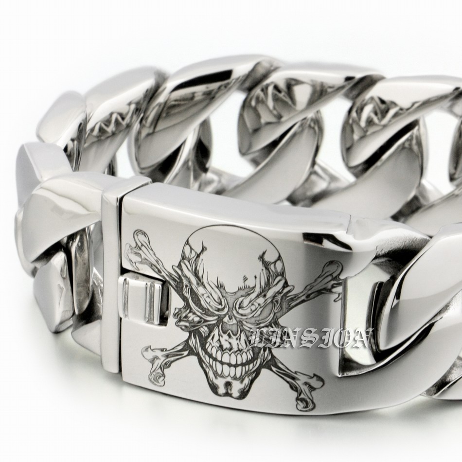 

LINSION 6 Lengths Deep Engraved Huge Heavy 316L Stainless Steel Pirate Skull Mens Biker Rock Punk Curb Link Bracelet 5D101
