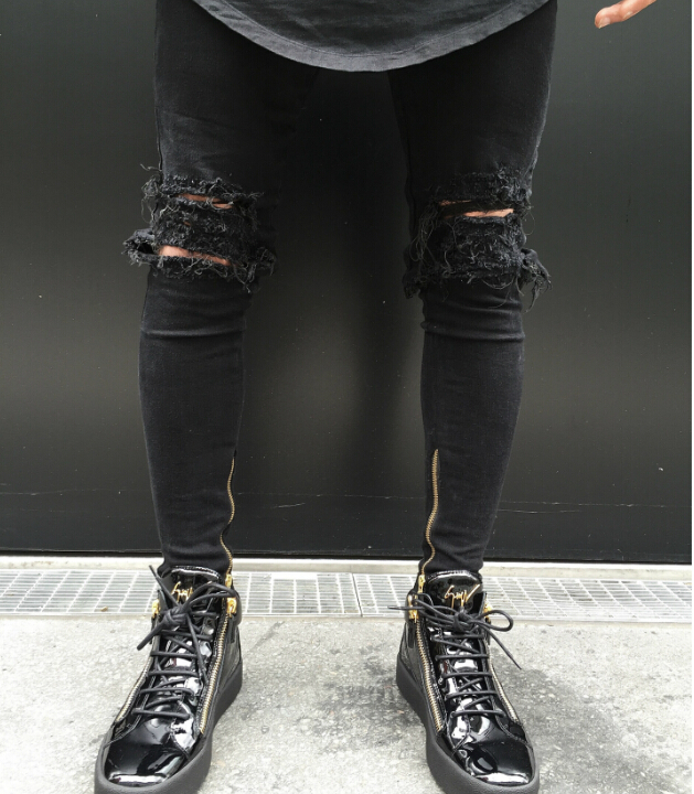 

Autumn Fashion New Men Ripped Holes Jeans Distressed Black Pencil Pants Black Long Trousers Clothing for Male