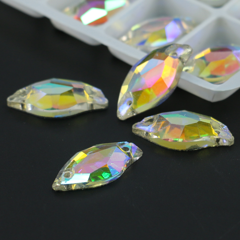 

Glass Crystal Diamond Leaf Sew On Rhinestones Crystal AB Flatback 2 Hole Sew-on Stone For Wedding R3254 50pcs per bag