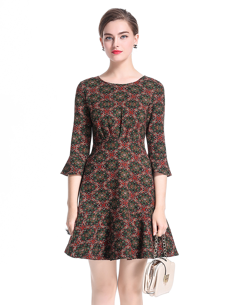 

Vintage Print Women Mermaid Dress 3/4 Sleeve OL Office Lady Work Dresses 0917179, As pictures