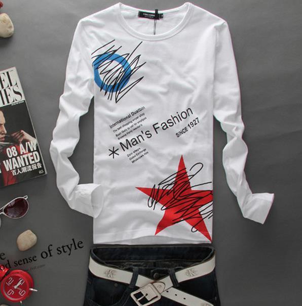 

Hot Men's Cotton T-shirt Long Sleeve O-neck Star Letters Print Tops Tee Mens T-shirts White