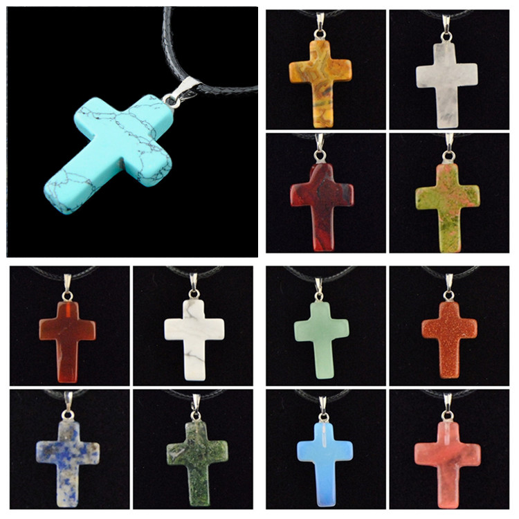 

pretty Cross Leather Necklace Jewelry Cheap Healing Crystals Rope Necklaces Natural Stone Pendants Cross pendants wholesale Stone Necklaces