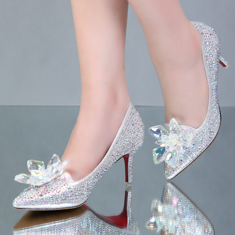 

Cinderella Girls Party Prom Homecoming Shoes 2017 Bling Bling Crystals Rhinestones High Heels Silver Champagne Wedding Shoes for Brides