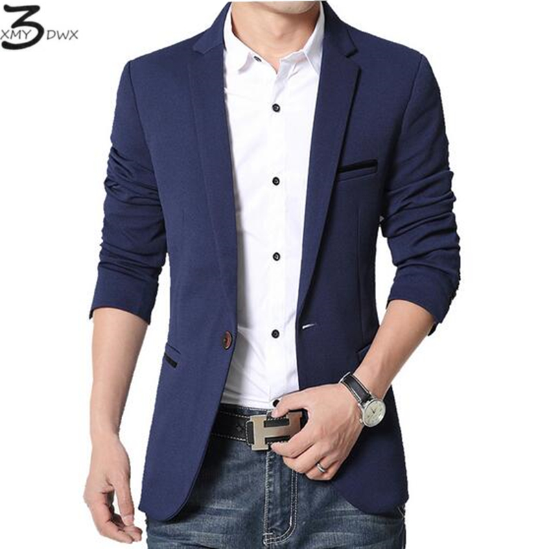 

Wholesale- XMY3DWX New 2017 Fashion Men's Casual Blazer Single Button Dress Blazer Jacket Male Slim Fit Mens Suit Jacket Solid Coat, Sky blue