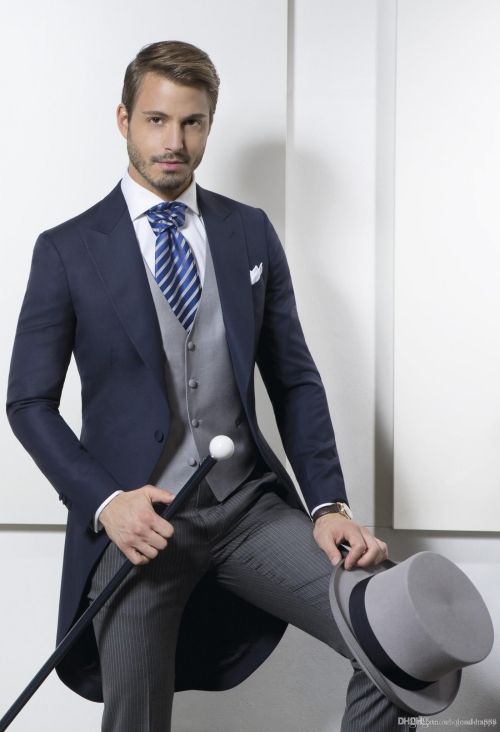 

Wholesale- Morning Style One Button Navy Blue Groom Tuxedos Groomsmen Mens Wedding Suits Prom Bridegroom (Jacket+Pants+Vest) NO:721, Same as image
