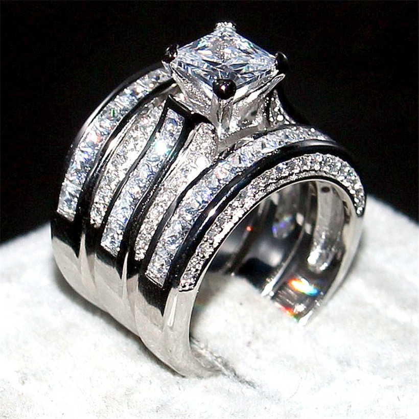 

Luxury Real solid 14KT white gold Filled Ring Set 3-in-1 Wedding Band Jewelry For Women 20ct 7*7mm Princess-cut Topaz Gemstone Rings finger