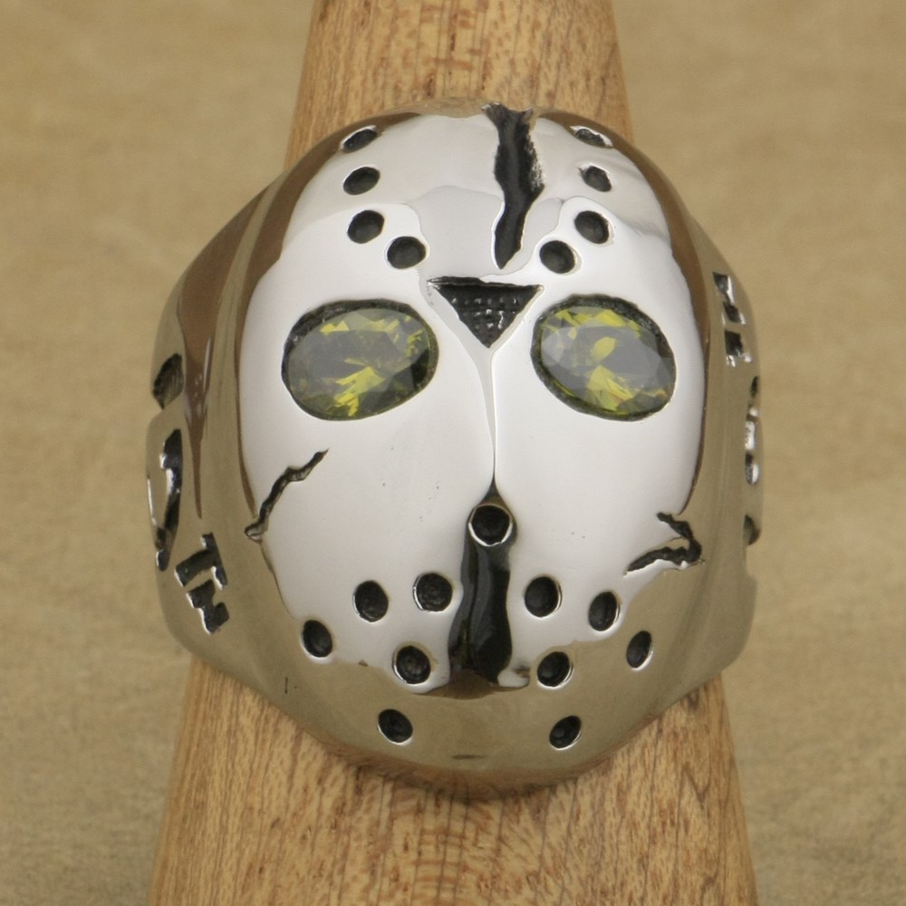 

LINSION 316L Stainless Steel Halloween Jason Mask Hockey Olive Green CZ Eyes Mens Biker Rocker Punk Ring CZ Ring 3F601