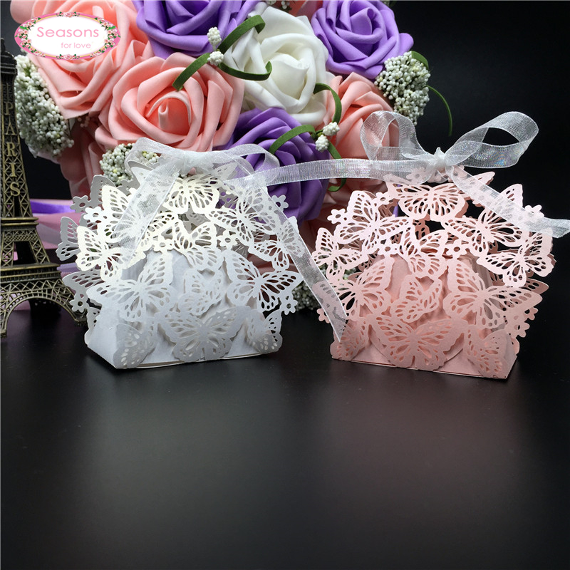 

Wholesale- 50pcs candy box chocolate packaging wedding favors birthday kids souvenirs laser cut paper box butterfly gifts for guests
