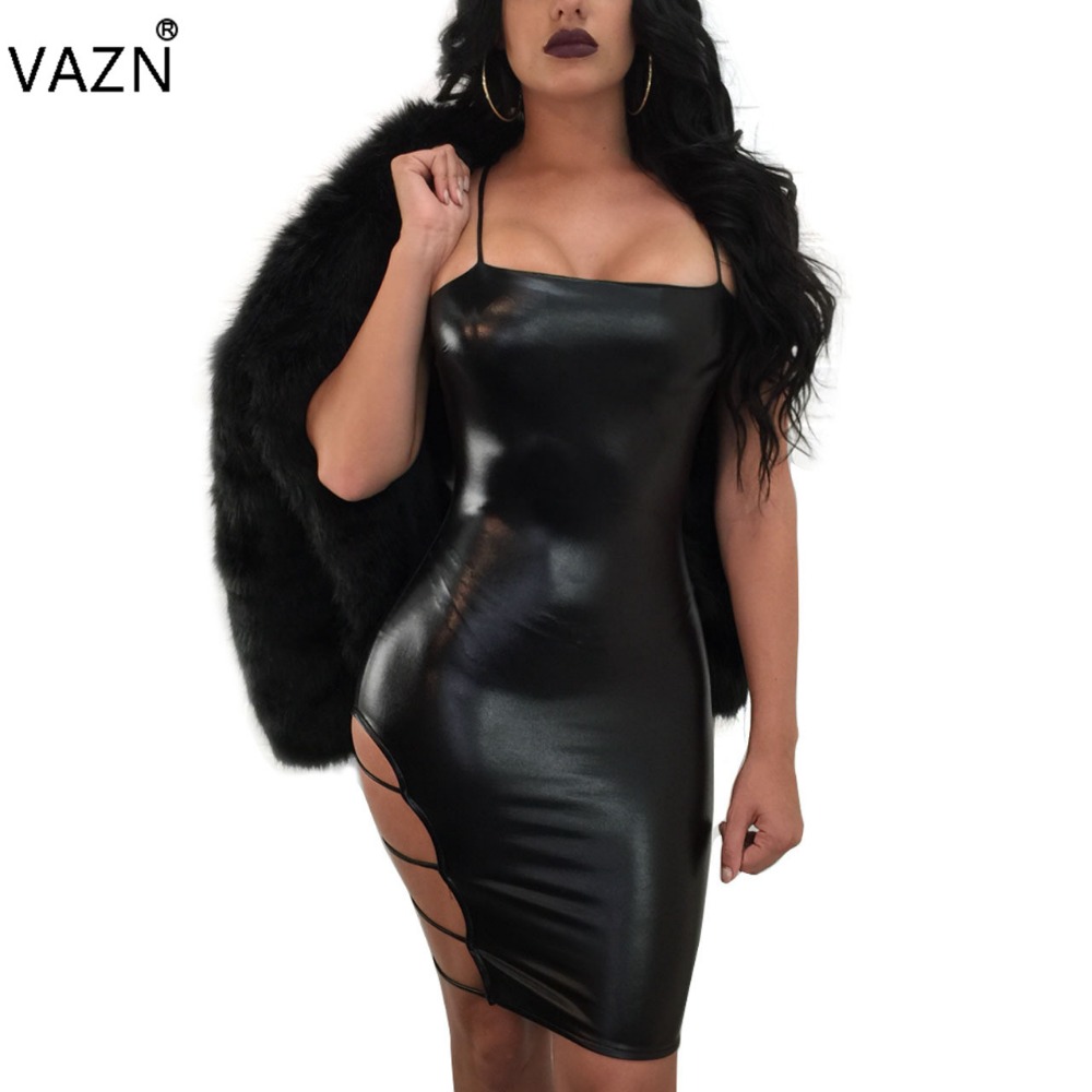 

VAZN New 2018 Brand High Quality Bandage Dress Black Sexy Leather Dress Women Backless Mini Club Dress M669 q171118